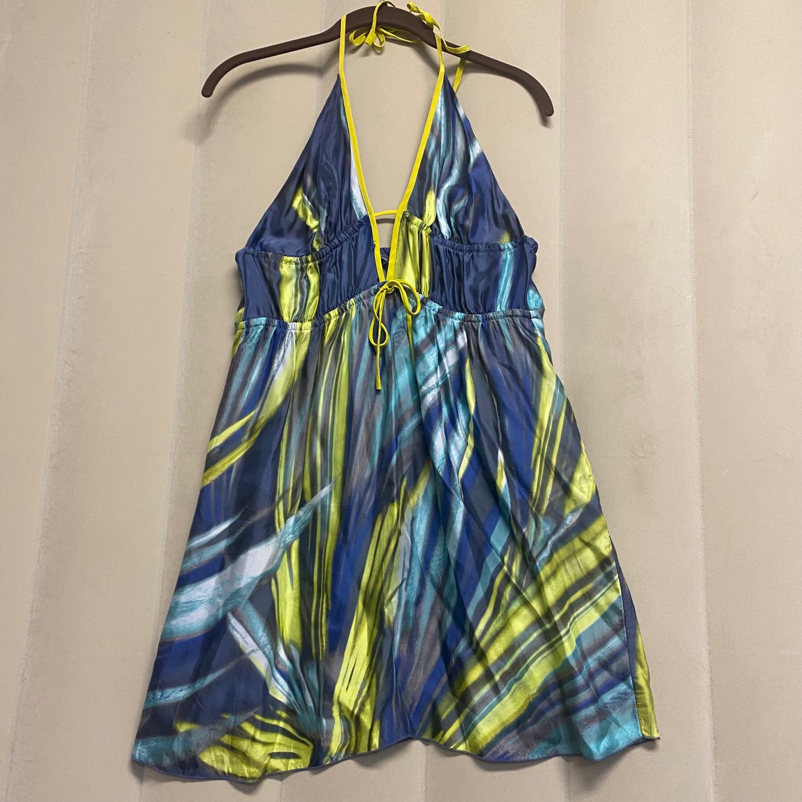 Black Halo Women's Double String Halter Dress Medium 100% Silk Abstract Mini
